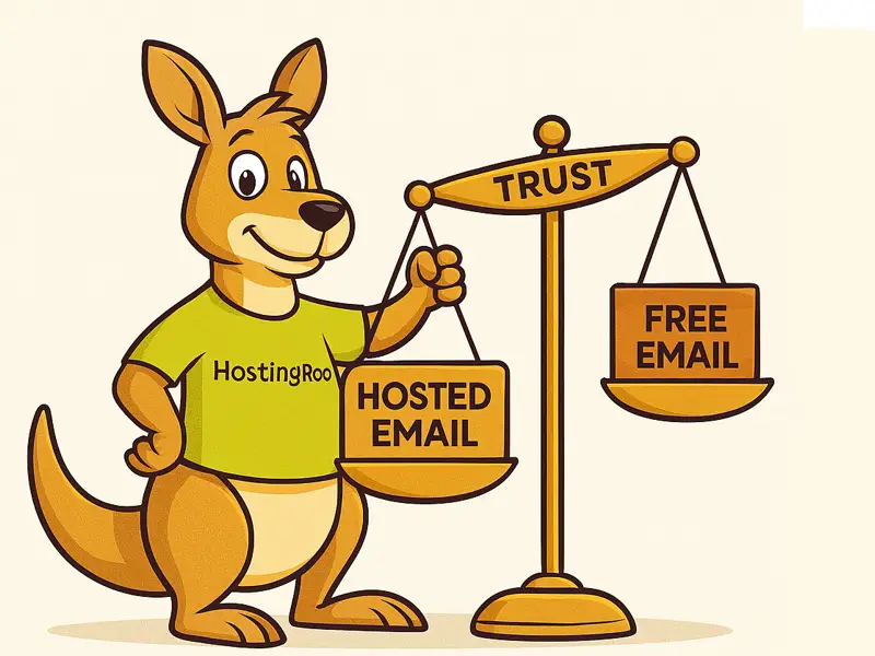 HostingRoo mascot holding a balance scale labeled “Trust”, with Hosted Email weighing more than Free Email.