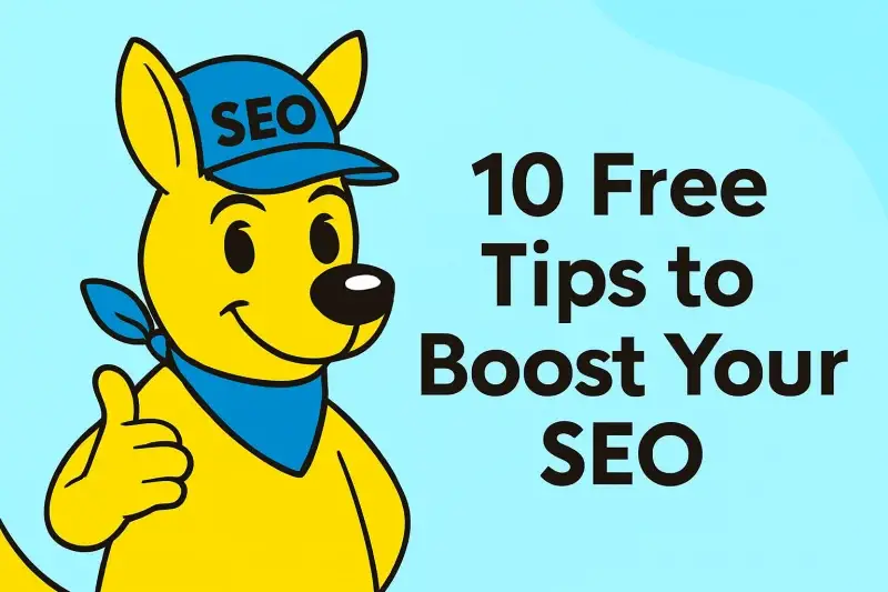 HostingRoo kangaroo mascot wearing a blue SEO cap and bandana, giving a thumbs-up beside bold text reading “10 Free Tips to Boost Your SEO” on a light blue background
