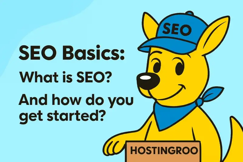 HostingRoo kangaroo mascot wearing a blue SEO hat, smiling beside blog title text on a light blue background