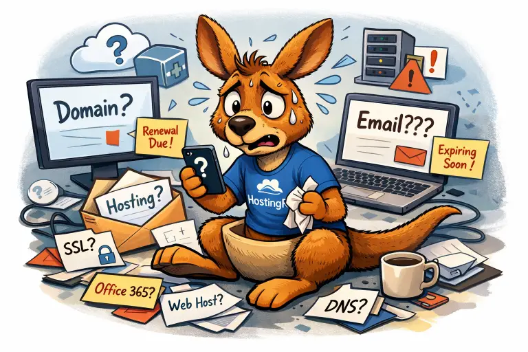 Illustration of HostingRoo’s kangaroo mascot looking stressed, representing digital clutter and the need for a New Year digital health check.