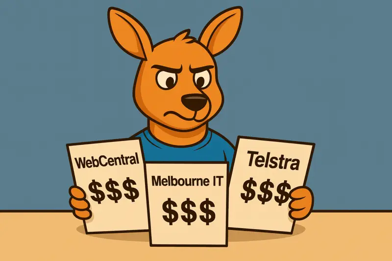 Cartoon kangaroo mascot wearing glasses and a blue T-shirt, looking frustrated while holding brochures labeled WebCentral, Melbourne IT, and Telstra with dollar signs ($$$), implying overpriced Microsoft 365 plans.