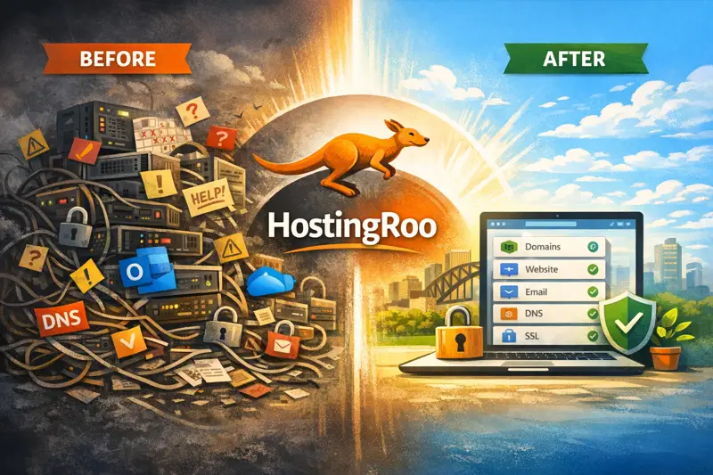 Why We Created HostingRoo – Problem-solving concept with a cluttered hosting setup on the left and a streamlined, organised hosting solution on the right, with the HostingRoo logo in the center.